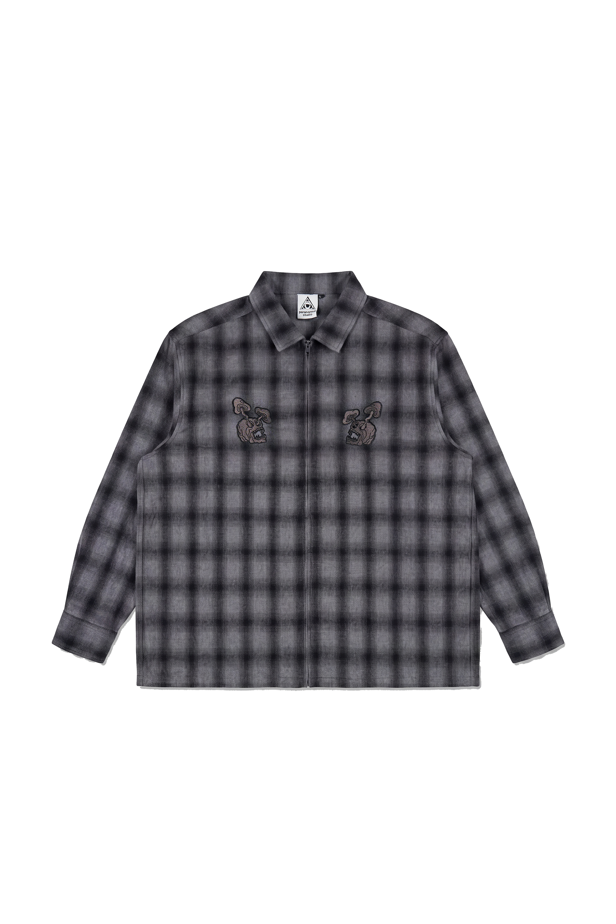skull embroidered zip flannel shirt